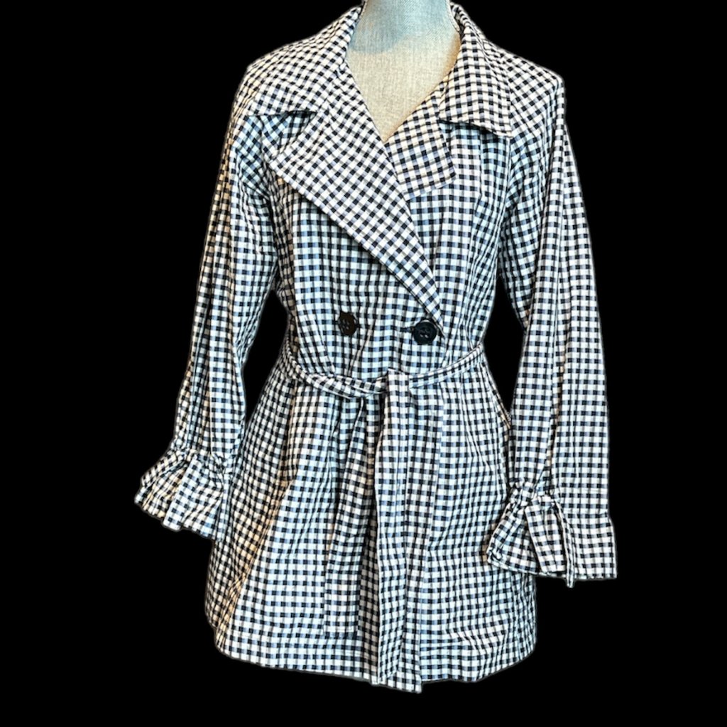 Blue And White Gingham Belted Gingham Coat